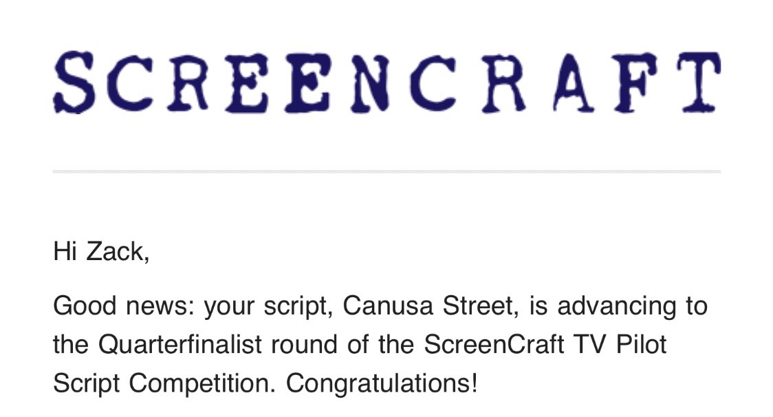ZackMorrison18's tweet photo. It’s always amazing getting news like this. My comedy pilot CANUSA STREET is a @screencrafting quarterfinalist!!! Thank you so much, and congrats to everyone who advanced. #screencraft #screencrafting https://t.co/b6xbAGP81O