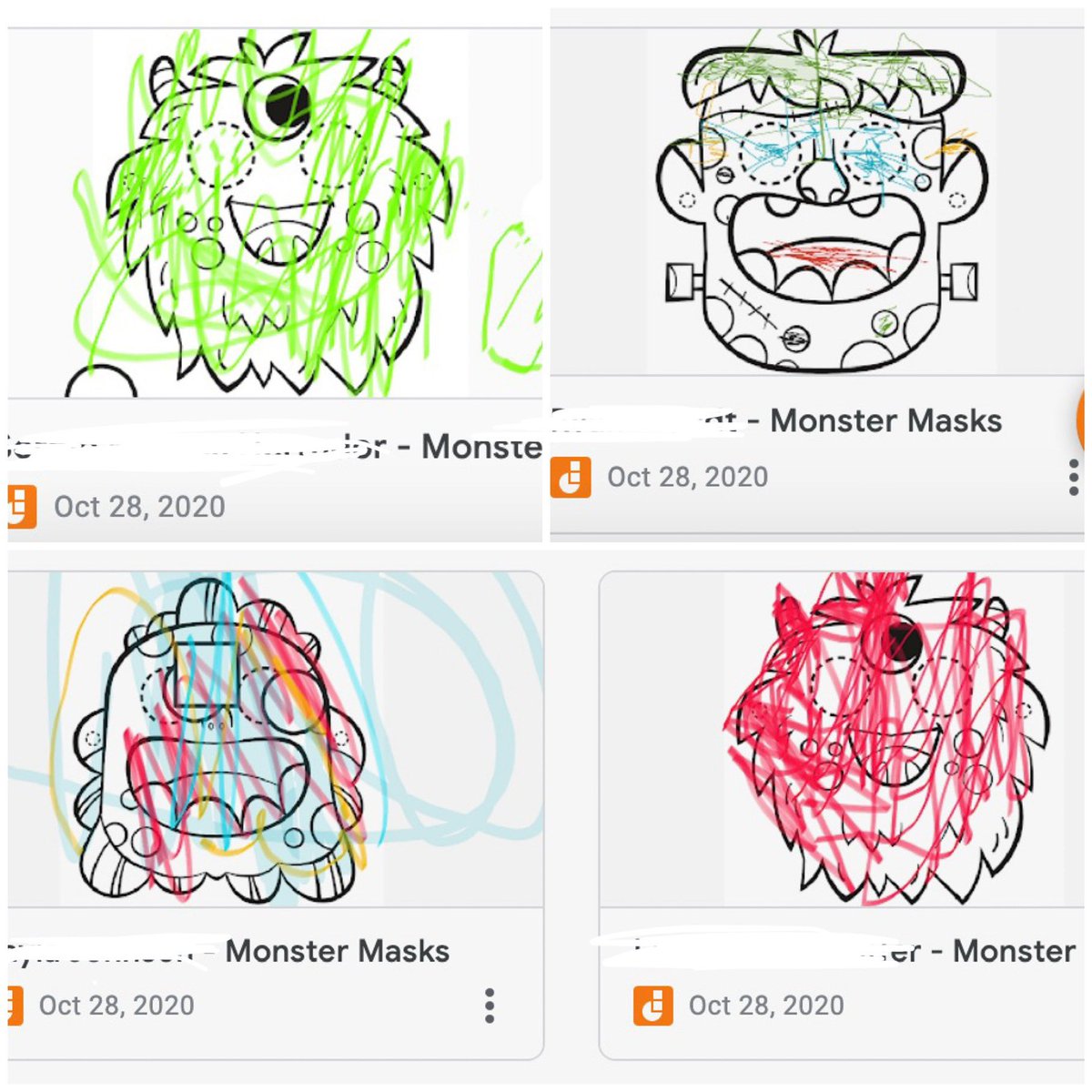 MsCookeFCPS's tweet photo. Today we read “Three Silly Ghosts Gruff” from @Scholastic and talked about the Monster in the story- after we decorated our own Monster Masks using JamBoard! @GTCromwellAACPS @AACountySchools @mrs_coppock https://t.co/YDRcgGL5AI