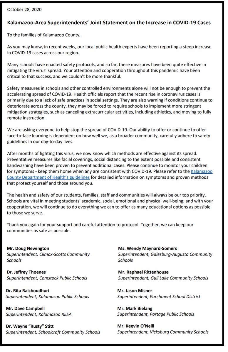 ParchmentSchool's tweet photo. Please take a minute to read the joint statement from the Kalamazoo-area Superintendents, then go to:
https://t.co/ZCq6oqLHnH
to find out ways to keep our family and our schools safe! #weareparchment https://t.co/1HOK3k0Y8c