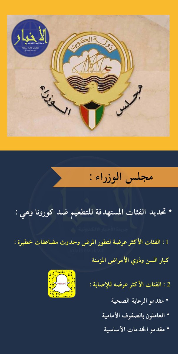 alnewskwt's tweet photo. #مجلس_الوزراء : تحديد الفئات المستهدفة للتطعيم ضد كورونا وهي: 

1: الفئات الأكثر عرضة لتطور المرض وحدوث مضاعفات خطيرة: كبار السن وذوي الأمراض المزمنة 

2: الفئات الأكثر عرضه للإصابة:
-مقدمو الرعاية الصحية 
-العاملون بالصفوف الأمامية 
-مقدمو الخدمات الأساسية https://t.co/Jp6o1MOOKF