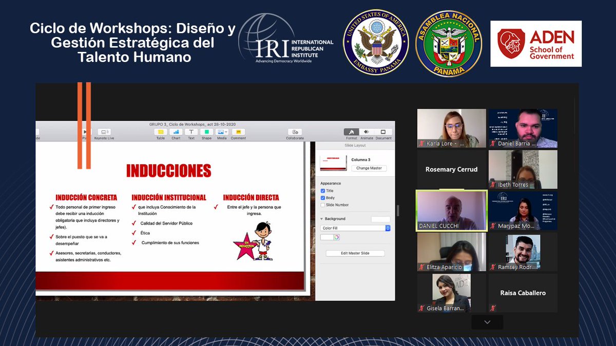 IRI_es's tweet photo. Servidores de @asambleapa @CamaraInternac2 🇵🇦 en talleres de seguimiento con profesores #DanielCucchi y @KalyLore de @ADENGovernment en Ciclo de Workshops: Diseño &amp; Gestión Estratégica del Talento Humano💼. Organizado por @IRI_es @ADENGovernment con apoyo de @USEmbPAN 🇺🇸 https://t.co/bbU2P7Q0Tj