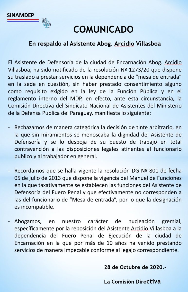 <a href="/AArcidio/">Arcidio A. Villasboa A.</a> <a href="/MDP_py/">Defensa Pública Paraguay</a> <a href="/DDHHMDP_py/">MDP - Derechos Humanos</a>