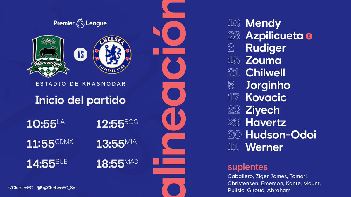 debatedegol's tweet photo. Formaciones confirmadas para los primeros partidos del día:
🇷🇺 Krasnodar 🆚 Chelsea 🏴󠁧󠁢󠁥󠁮󠁧󠁿
🇹🇷 Basaksehir 🆚 PSG 🇫🇷
#UCL #ChampionsLeague https://t.co/9ki30qfPYI