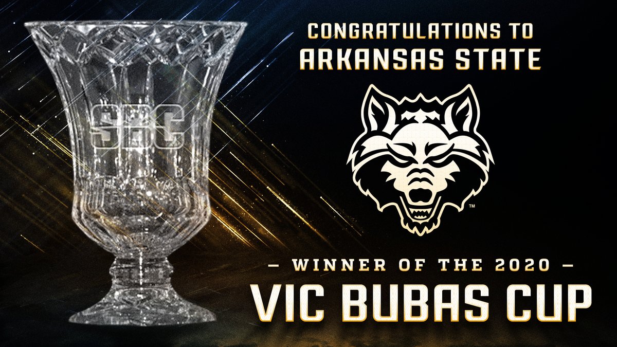 SunBelt's tweet photo. The Vic Bubas Cup was awarded to Arkansas State today as the top athletics department in the league for 2019-20. The Cup is named after the conference’s first commish. Congratulations to @AStateRedWolves #WolvesUp #SunBelt https://t.co/9kmM5Jjl5R