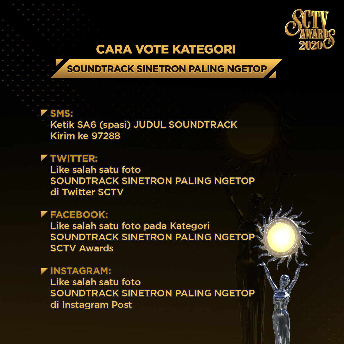 SCTV's tweet photo. Like tweet ini dukung Cukup Dikenang Saja - Anak Band agar bisa memenangkan Kategori Soundtrack Sinetron Paling Ngetop!
Cek mekanisme selengkapnya, ya!

#VoteSA2020 #SA6 #SCTVSpesial #SA2020OST3 https://t.co/jjJOmc4NUe