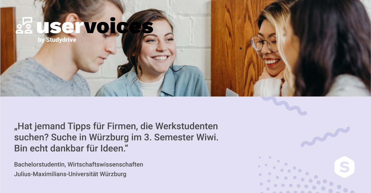 Studydrive's tweet image. Viele unserer #YoungTalents arbeiten neben ihrem #Studium in Aushilfs- und Werkstudentenjobs. Um passende Stellen zu finden, tauschen Sie sich auch untereinander in den #Studydrive-Karrieregruppen aus. #UserVoices