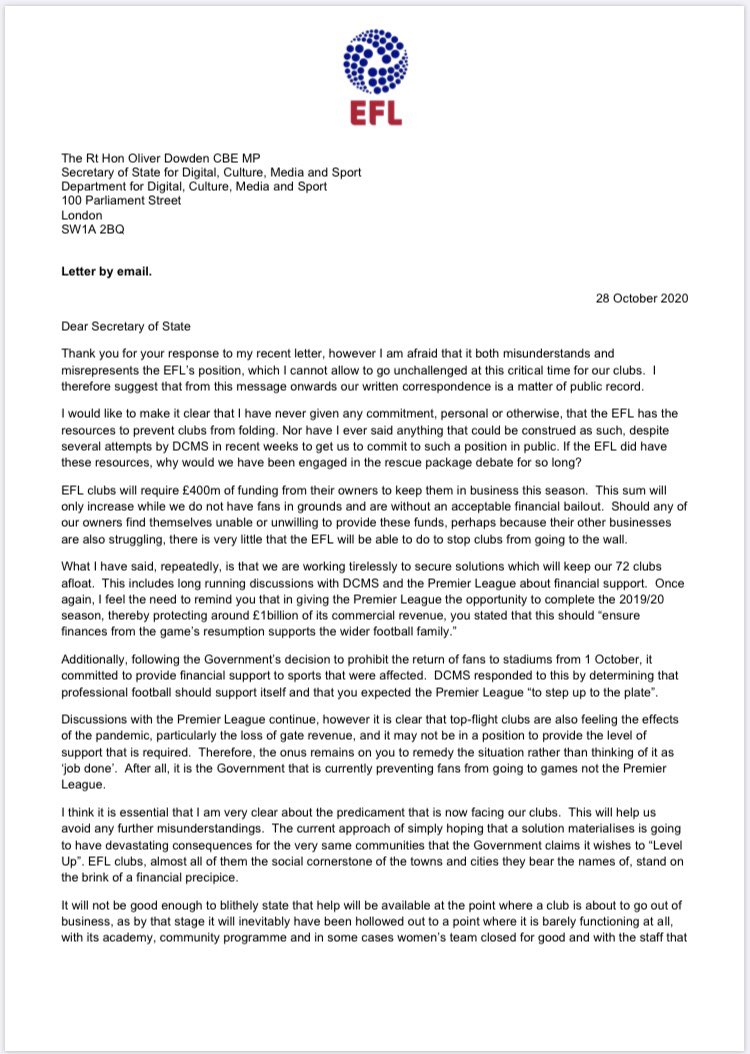 danroan's tweet image. “While football grounds in Rochdale, Grimsby, Mansfield &amp;amp; Carlisle might seem an awful long way from Glyndebourne or the Royal Ballet, they are nonetheless equally import parts of our nation’s heritage.”
Incendiary letter sent by EFL chair Parry to the Secretary of State earlier: