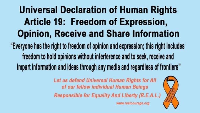 #FreedomOfExpression is part of Universal #HumanRights. #FreeSpech rights are not just for speech we like and by those like us, but a universal human right for ALL. #UDHR #Article19 @jack @Twitter @Facebook @sundarpichai @Google https://t.co/aS3PIByZRe