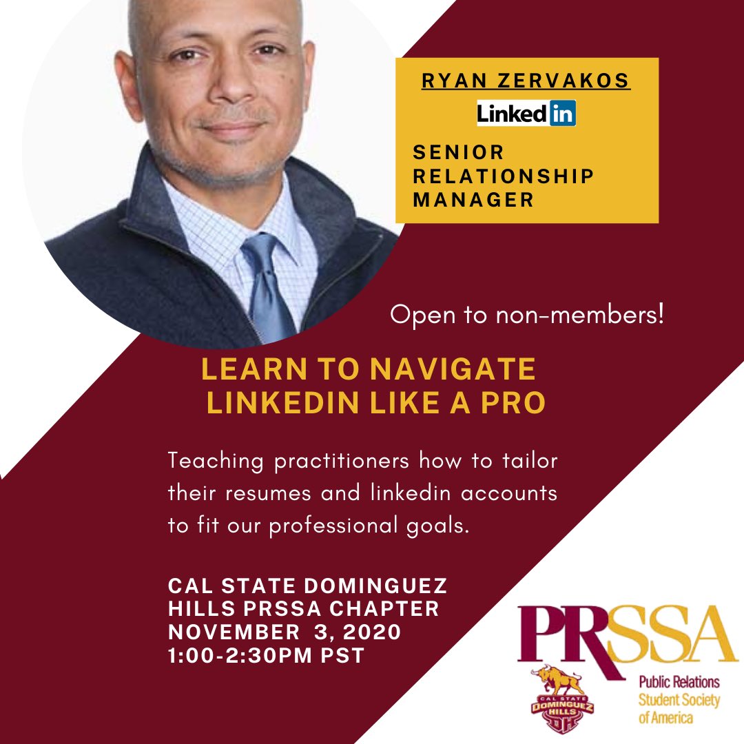 csudhprssa's tweet image. Our next meeting is Next Tuesday, 11/03 at 1-2:30pm PST! 🍎✏️ This meeting will be open to non members!
Our speaker Ryan Zervakos, Senior Relationship Manager from LinkedIn will be coming by to teach us how to tailor our resumes & more!
Zoom ID: 898 8744 5665
Password: PRSSA