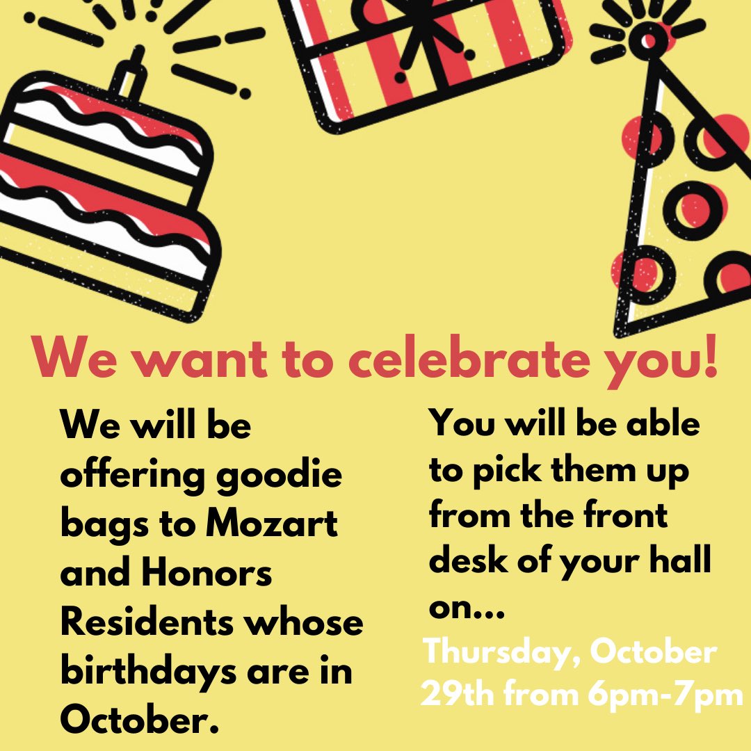 unthonzart's tweet photo. Happy birthday to our October Honzart residents! 🎉 We will be giving out goodie bags in the lobbies of each hall from 6pm-7pm TOMORROW! 🥳 https://t.co/PLV851URg8