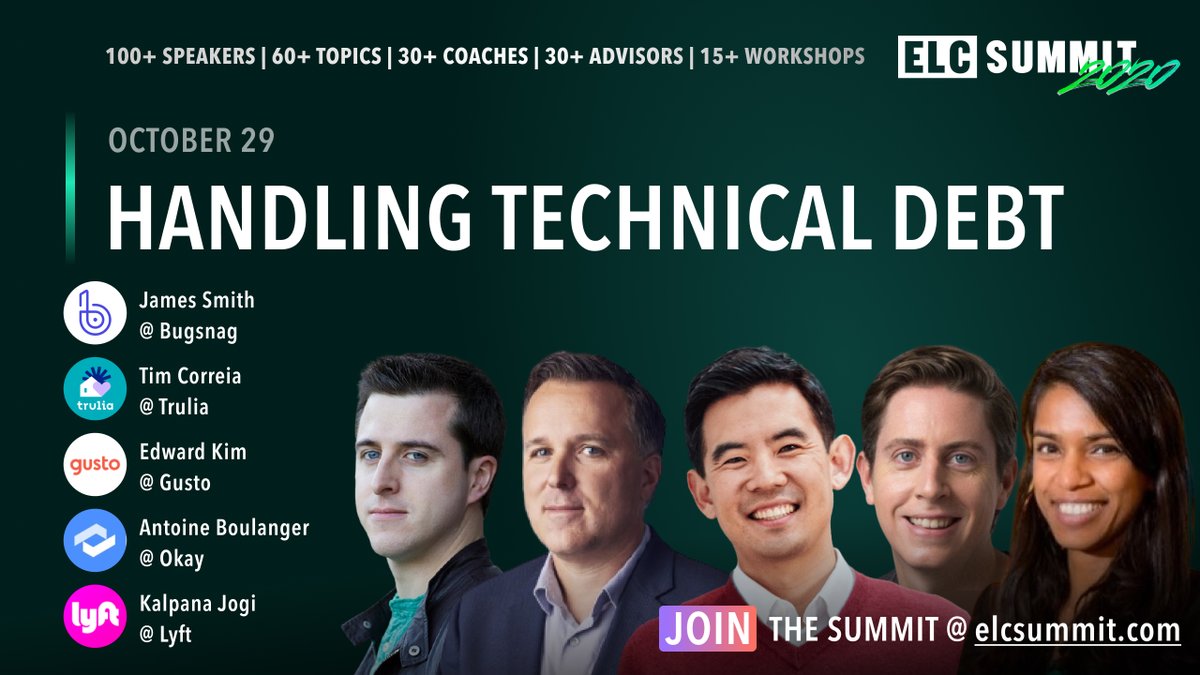 sfelc_'s tweet photo. Learn how to handle tech debt from @loopj CEO/Co-Founder @bugsnag, Kalpana Jogi Director of Eng @lyft, Tim Correia SVP/GM @trulia, @tonioab Co-Founder/CEO @OkayHQ, & @edawerd Co-Founder/CTO @GustoHQ at the #ELCSummit!
Info: https://t.co/TRQSTQIri3 https://t.co/F4FacN5rB7