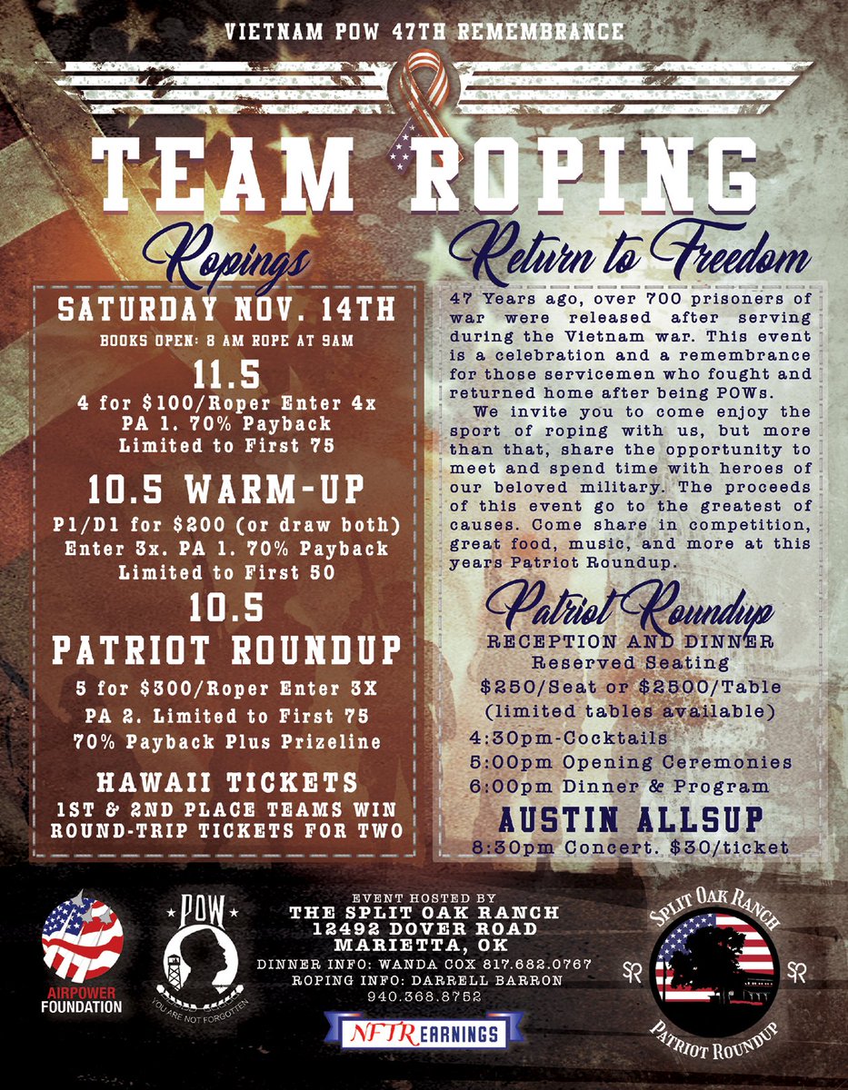 Split Oak Ranch &amp; <a href="/AirpowerFDN/">Airpower Foundation</a>  are honored to support our nation’s Vietnam POW's. Please click the link below to learn more.

 airpowerfoundation.org/pow/ 

#AirpowerFoundation #SplitOakRanch #TeamRoping #AustinAllsup #Concert #Military #DaveRoever #Vietnam #POW #NAMPOW