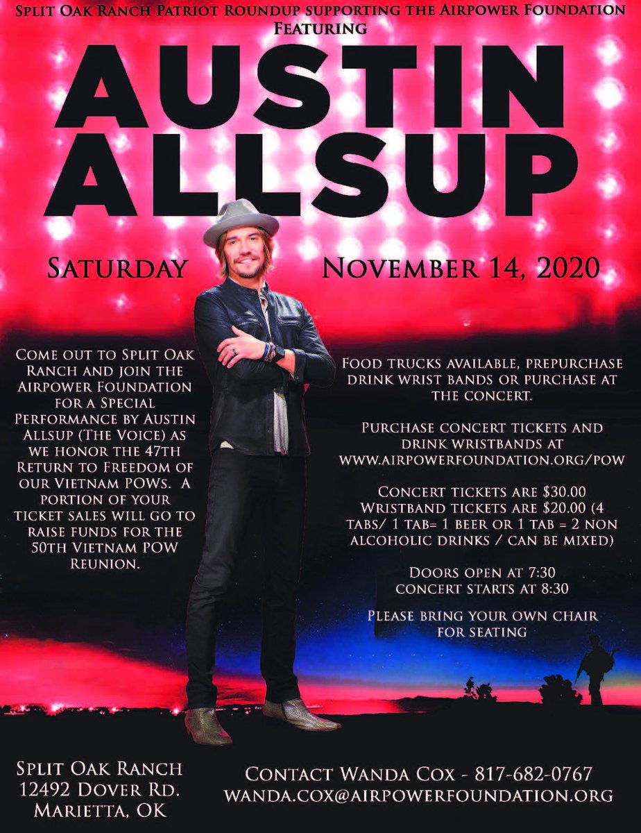 AirpowerFDN's tweet photo. Split Oak Ranch &amp; @AirpowerFDN  are honored to support our nation’s Vietnam POW's. Please click the link below to learn more.

 https://t.co/Rq5t4iHGMu 

#AirpowerFoundation #SplitOakRanch #TeamRoping #AustinAllsup #Concert #Military #DaveRoever #Vietnam #POW #NAMPOW https://t.co/bQdiK0uHvP