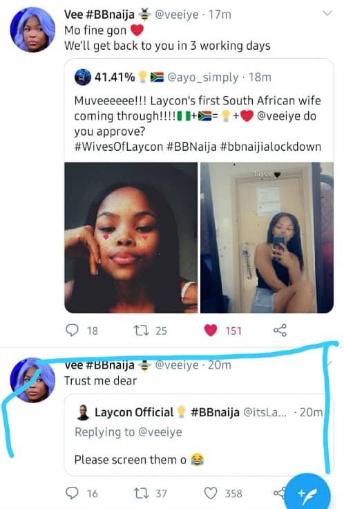 That time when Laycon and Vee's handler were catching cruise based on what Vee told Laycon in the house about screening girls that are interested in him.Come and see fine girls submitting application to Vee. It was so funny