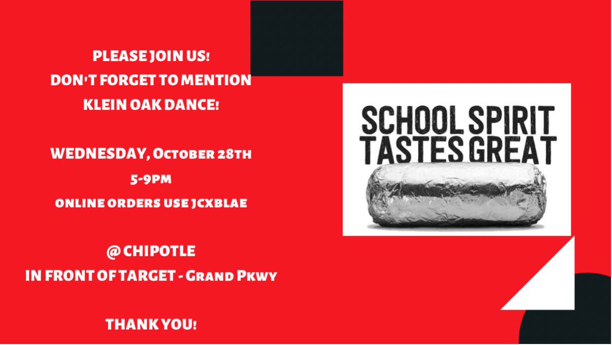 Tonight!  Join us!  Order online w the code!  <a href="/KleinOak/">Klein Oak HS</a>