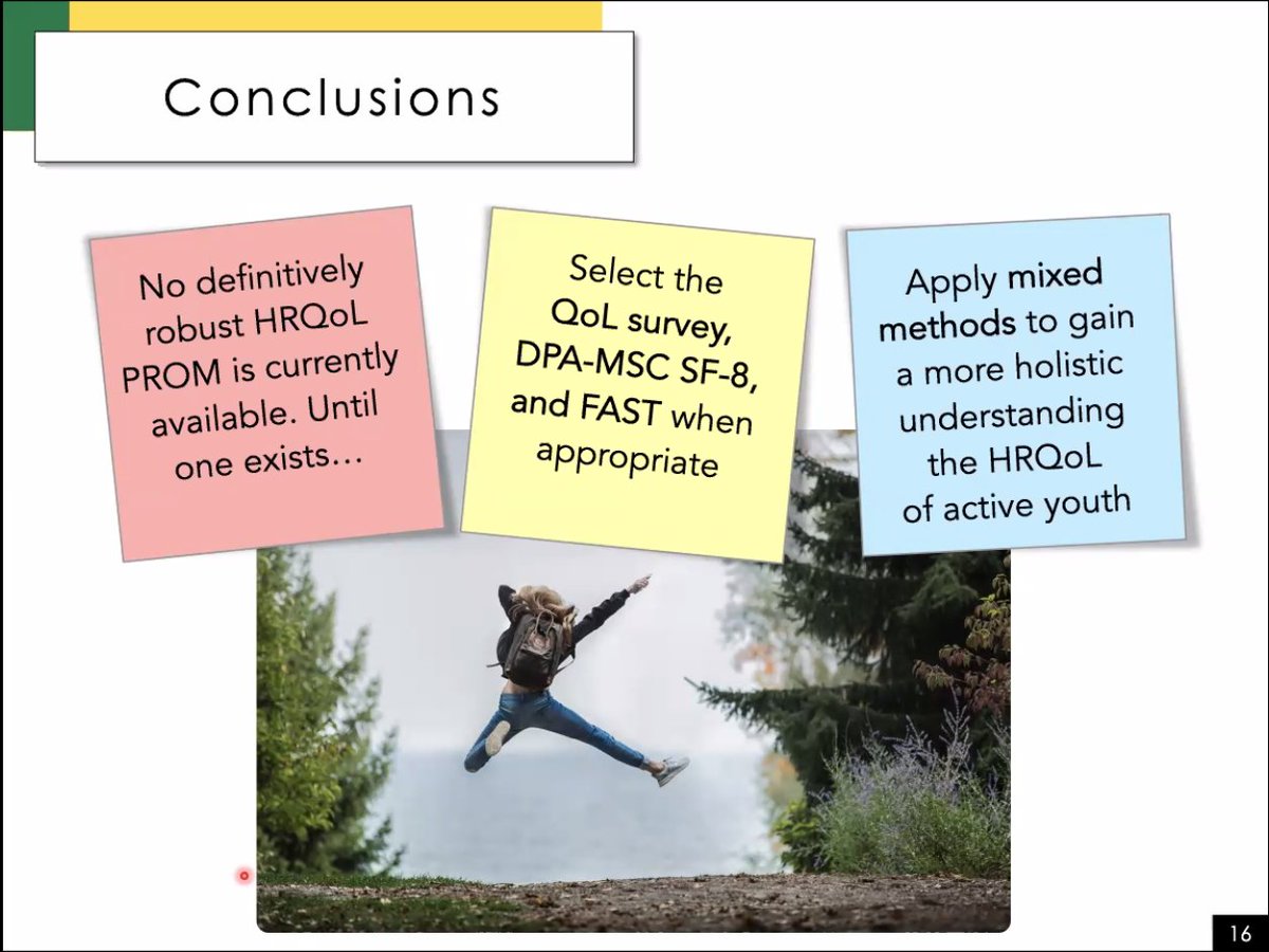 LaTrobeSEM's tweet photo. Student Presentation: What's the best PROM to measure HRQoL in active youth?
@yegphysio examines the quality of available HRQoL PROMs.
β
Use a combo of good PROMs & qualitative methods to best capture HRQoL of active youth!
#LASEMShowcase #focusonresearch https://t.co/LzNbcaKbNN