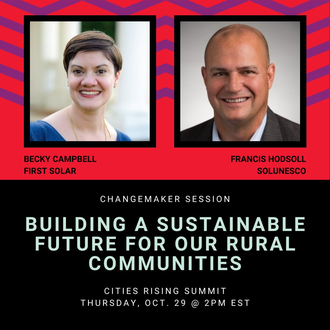FirstSolar's tweet photo. Join First Solar's Becky Campbell tomorrow @ 2pm EST at the Tom Tom Foundation's #CitiesRisingSummit for a virtual "fireside" chat about how the solar industry &amp; rural communities are collaborating to build a sustainable future in Virginia. To register: https://t.co/zE20SqrGkT https://t.co/25t45ClWWs