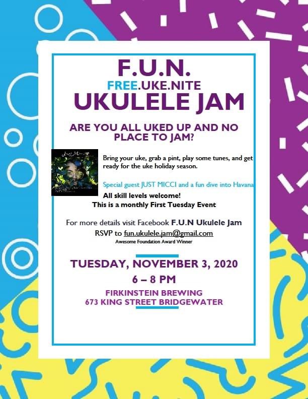 FunUkulele's tweet photo. Just in.....Just Micci performs November 3 FUN Ukulele Jam @Firkin_Stein. #makingdowntownbridgewaterfunagain https://t.co/zPqHJJVidB