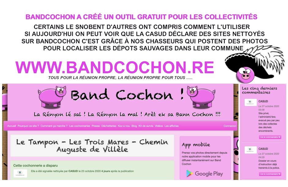 BandCochon's tweet photo. #LaReunion Quand la #Casud déclare des nettoyages sur Bandcochon nos chasseurs de photos de cochonneries peuvent être fiers. Un clin d'oeil à tous et que ça continue. Pour les autres oui on sait, si on est a-politique et qu'en plus tout est offert gratuitement : ça ne va pas ! 😈 https://t.co/i7ClpbIHzw