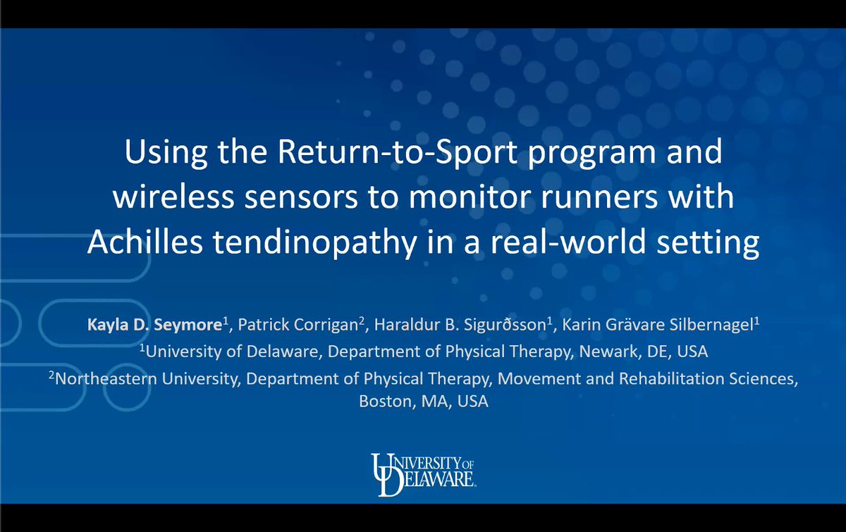 LaTrobeSEM's tweet photo. Student Presentation: Return to sport and beyond!
@UDtendongroup's Kayla Seymore uses wireless sensors to monitor runners with Achilles tendinopathy in a real-world setting.
#LASEMShowcase #focusonresearch https://t.co/RbFHvQ39Tc