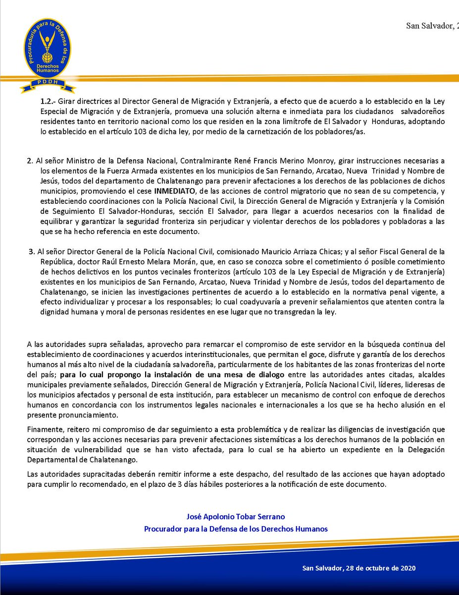 PDDHElSalvador's tweet photo. Ante denuncia por actuaciones de elementos de la @FUERZARMADASV en perjuicio de pobladores de municipios de Chalatenango, #ProcuradorDDHH propone una mesa de dialogo que permita establecer un mecanismo de control con enfoque de #DDHH . https://t.co/1HpJl5CXfR