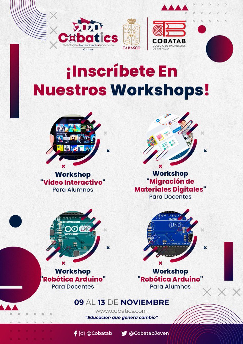 CobatabJoven's tweet photo. #COBATICS 2020 Online 💻🕹👾💡
Inscríbete a nuestros workshops para alumnos y docentes 👩🏻🏫👨🏻🏫🙋🏻♂️🙋🏻♀️ ¡Últimos lugares! No te los pierdas del 09 al 13 de Noviembre ¡REGÍSTRATE YA!👉🏻 https://t.co/yg9Lmu4XzW
#COBATAB #COBATICS
#EducaciónQueGeneraCambio https://t.co/d2cxW3BCDA