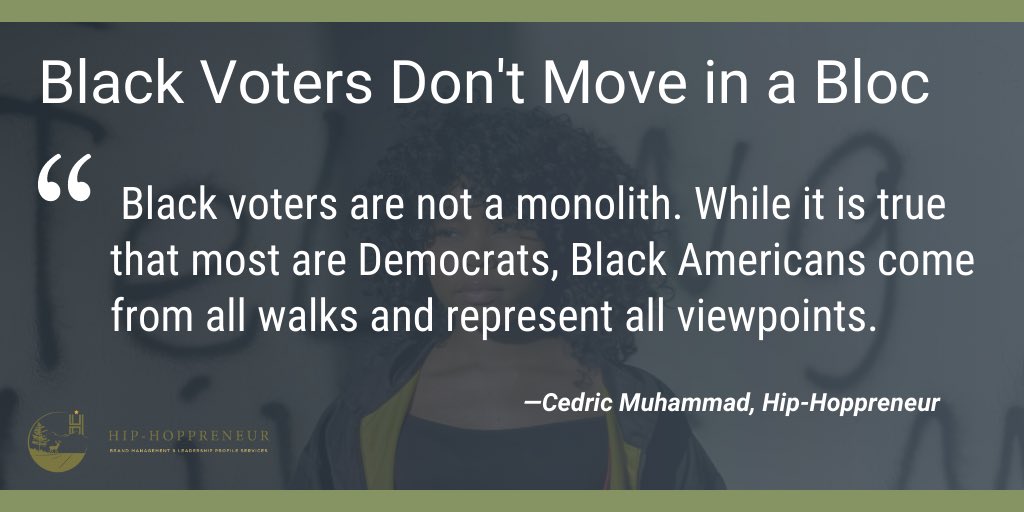 HipHoppreneur1's tweet photo. Note to campaigns: Black voters don’t move as a herd. Anyone looking to win votes would do well to stop thinking in stereotypes. No minority community votes in a bloc. Read more → https://t.co/w7QJqTahCJ #CelebrityInfluencePoll #election2020 https://t.co/XEDrljAjZK