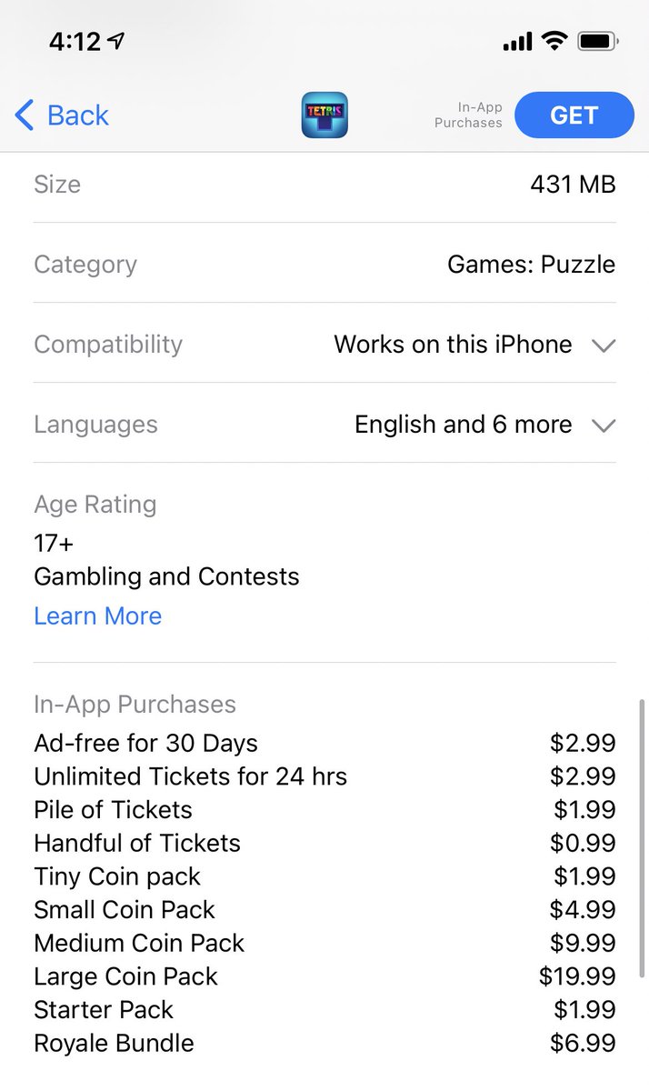 sandofsky's tweet image. Everything you need to know about modern gaming via Tetris for iPhone.

A perfect game that fit on a 32kb Game Boy ROM is now a 431mb casino.