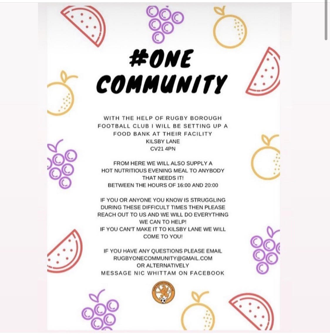 A fantastic initiative set up by a member of the local community, with the help of <a href="/Rugbyboroughfc/">Rugby Borough FC</a>. If you are struggling during these difficult times, or if you know someone who is, please see the poster below. #OneCommunity