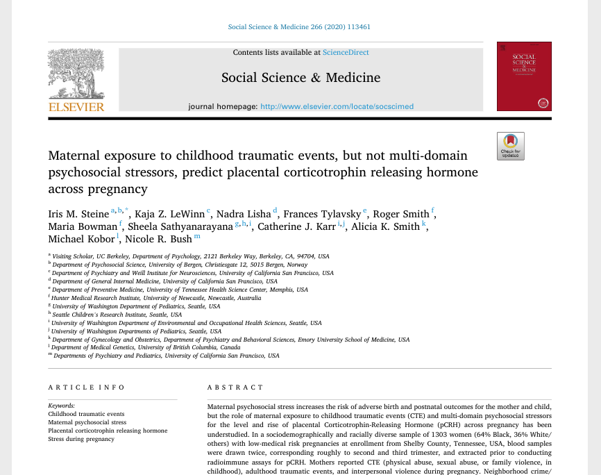NicoleBushPhD's tweet photo. Just out in @socscimed : our work showing #childhood #trauma / #adversity may become biologically embedded in later life pregnancy physiology relevant for #maternalhealth AND #infant #childhealth. #intergenerationaltransmission #dohad #ACES #TimeToCare https://t.co/TjUJ26NY4z https://t.co/ZLahj3EBzd