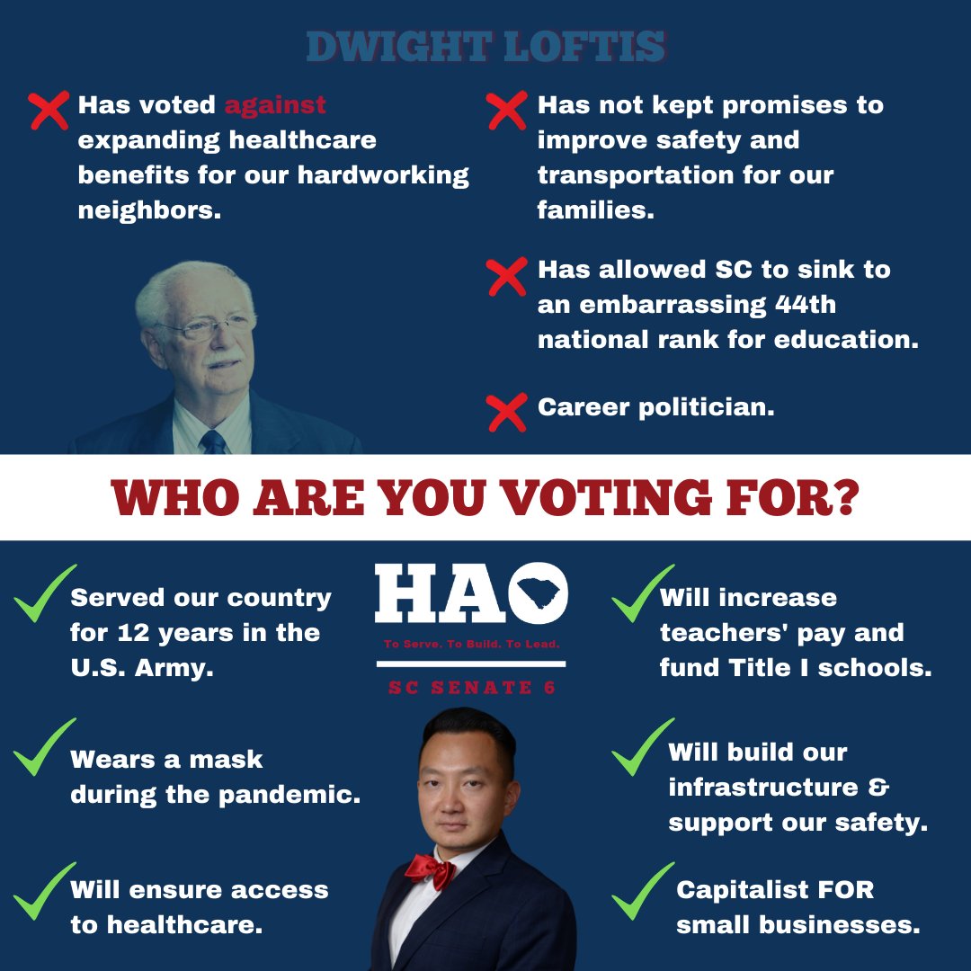 HaoWuSC's tweet photo. Choose carefully when casting your ballot. #HaoToServe #ProsperityOverPolitics #PatriotForProgress https://t.co/n8mwp64jXF