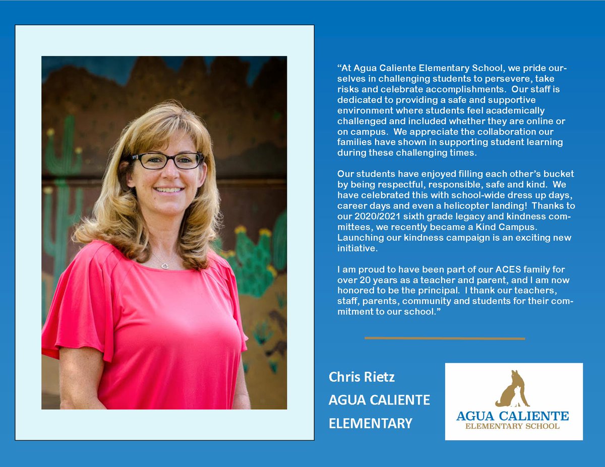 TVSchEventShare's tweet photo. MEET THE PRINCIPAL! October is National Principals Month. Meet Principal Chris Rietz of Agua Caliente Elementary School. Thank you, Mrs. Rietz, for your service to our students and District! #TanqueVerdeSchools #CreatingPathwaysToSuccess! #NationalPrincipalsMonth https://t.co/P5zTVnUHYp