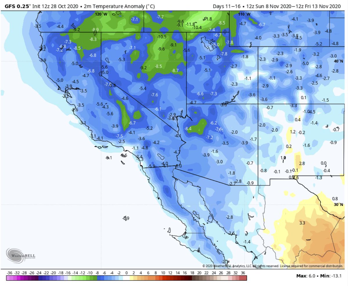 El panorama se invierte durante la segunda semana de Noviembre con temperaturas por debajo de lo normal. Las máximas rondarían entre los 28 - 30°C con mínimas de 14 - 16°C.