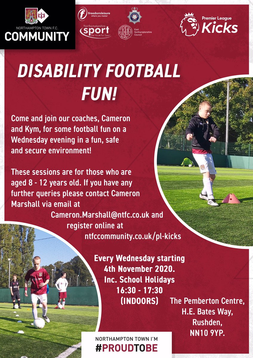 On Wednesday 4th November <a href="/NTFC_CT/">Northampton Town FC Community Trust</a> are starting weekly football sessions 4:30-5:30pm at the Pemberton Centre in Rushden for young disabled people aged 8-12.Due to Covid regulations children must be booked on these before attending the 1st one. ntfccommunity.co.uk/pl-kicks <a href="/LONorthants/">LONorthants</a>