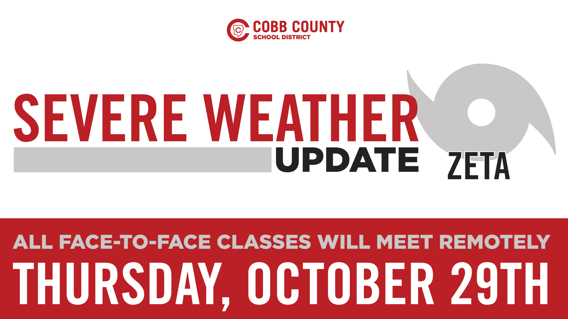 Cobb County Schools on Twitter: "With an abundance of caution and a  commitment to student and staff safety, all face-to-face classes will meet  remotely due to severe weather conditions caused by Hurricane