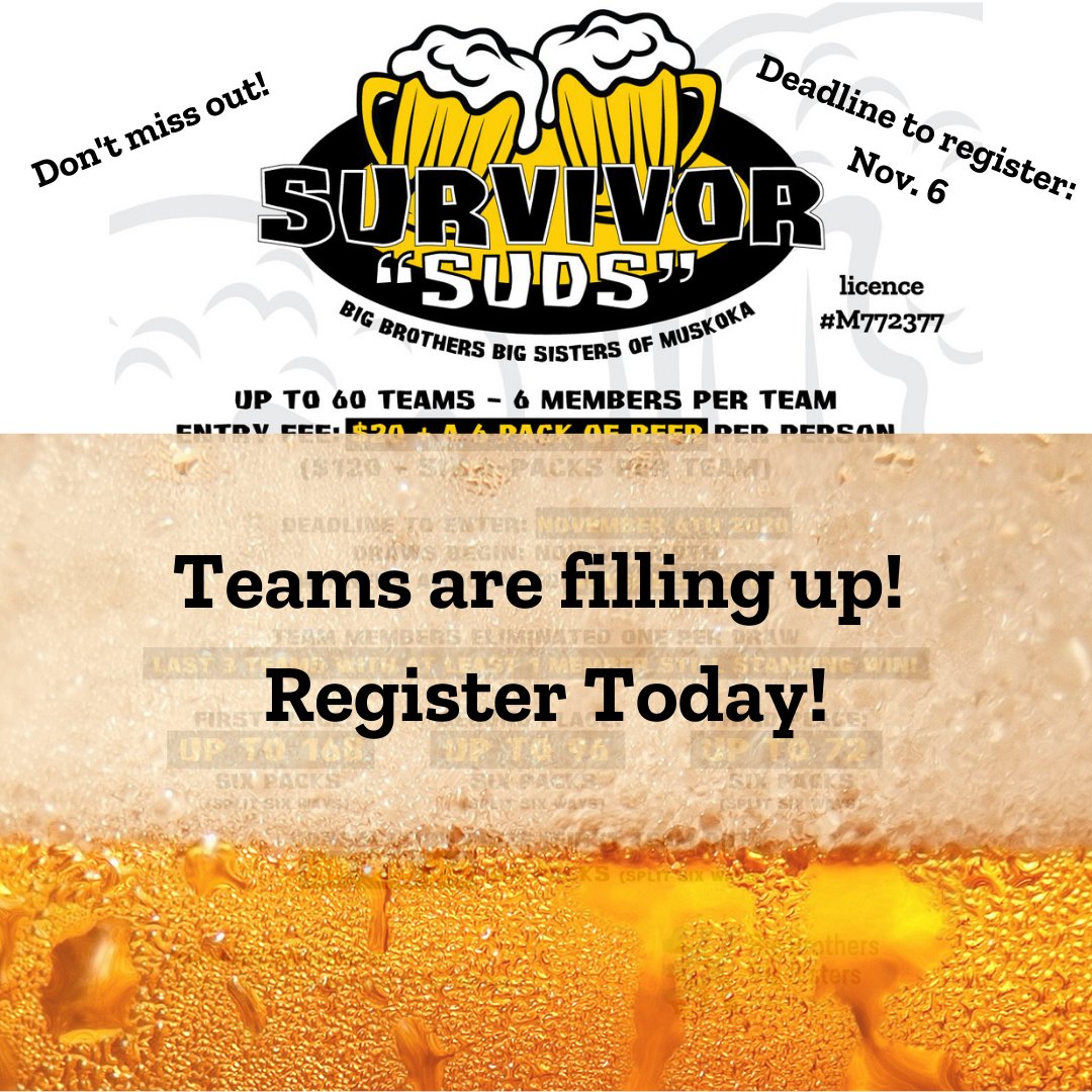 BBBSMuskoka's tweet photo. Survivor Suds teams are filling up! Have you registered? Don't miss out on this fun virtual event! 

To register:
- Complete/submit registration form.
- Team Captain drops off donation by Nov 6th!
- Elimination Draws begin Nov. 9th!

Let's get 60 teams! #fundariser #muskoka https://t.co/YOySMgt0q3