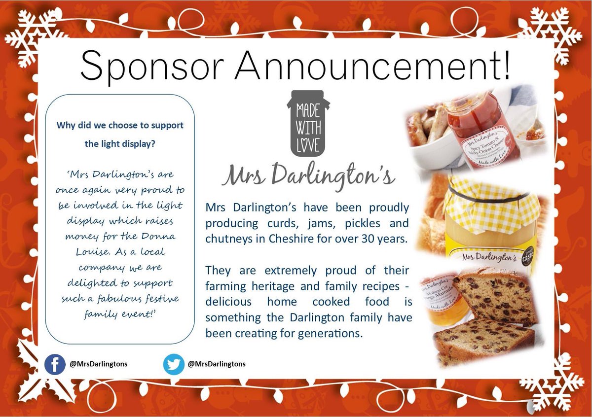 WestonLightDisp's tweet photo. 🎄| SPONSOR ANNOUNCEMENT

@mrsdarlingtons have been proudly producing curds, jams, pickles and chutneys in #Cheshire for over 30 years. Thank you for your continued support on our special fundraising journey! 🍓 https://t.co/dtBkRZKq57