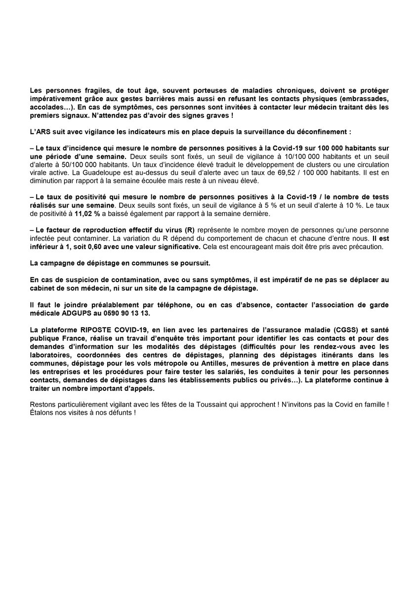 ars_guadeloupe's tweet photo. [ #COVID19 ] Point de situation en #Guadeloupe hebdo
📍262 nouveaux cas confirmés 
⚫ Nous déplorons le décès de 11 personnes.
🏥 19 personnes COVID + hospitalisées en réanimation du CHUG. On compte 21 nouvelles admissions au CHU. L'activité hospitalière est en baisse. https://t.co/dHNX8S1dxE