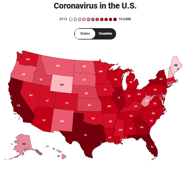 Well, Fox gives you a number for total cases or deaths in the whole country, plus this map. While this provides some important info, it is not scaled by population and is thus misleading.