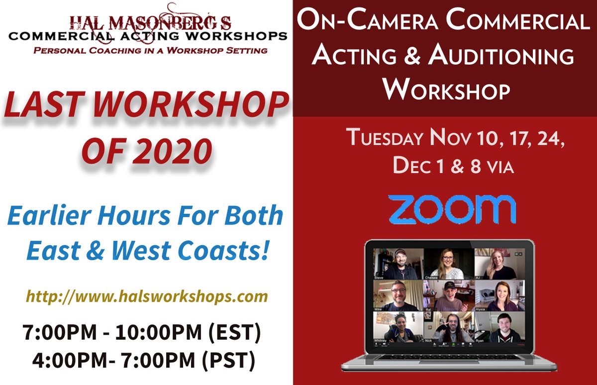 Halsworkshop's tweet image. Join us for our final Commercial #Acting Workshop of 2020. 
Open to anyone, anywhere in the world. Tell yer friends. We're gonna say farewell to 2020 by being creative and inspired! halsworkshops.com/on-camera-comm… #auditioning #actingclass #zoom #casting #audition #auditions #actor