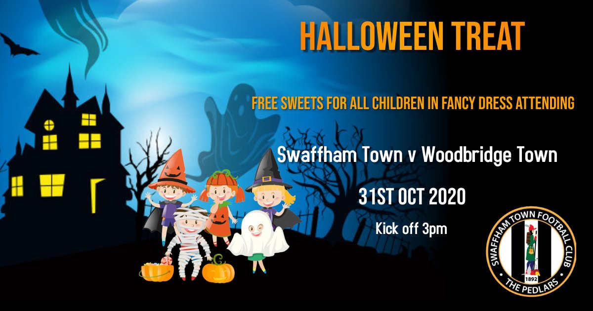 Swaffham_TownFC's tweet photo. With trick or treating not necessarily being too easy this year, @Swaffham_TownFC is rewarding all those kids that dress up for Halloween when attending Saturdays fixture against @Woodbridgetown with some sweets! https://t.co/MgKbPNMyoP