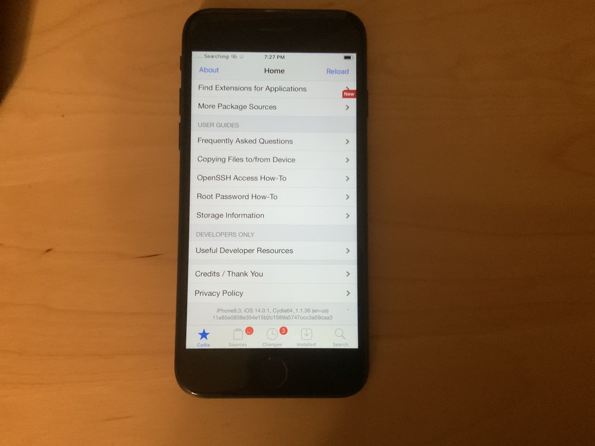 dlymension's tweet photo. Exploit3d : iOS 14 jailbroken on iPhone 7 (A10) using patched version of checkra1n. You have to disable password tho.👀 https://t.co/yk9UlL6eTs