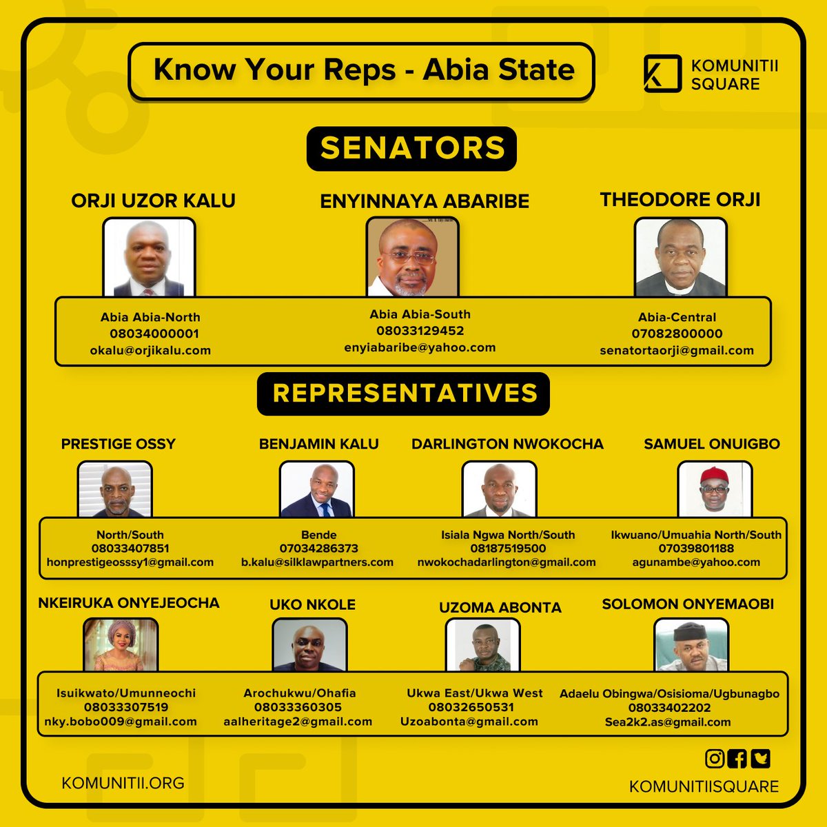 KomunitiiSquare's tweet photo. Not sure of who your elected representatives and Senators are in Abia state?
Here is a list, as well as their phone numbers and official emails.
#KomunitiiSquare #KnowYourReps #AskQuestions #GetInvolved https://t.co/2ejQ92X3uR