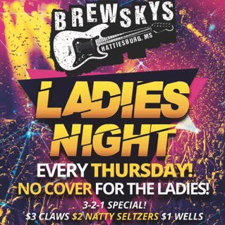 BrewskysHatti's tweet photo. Great Week starting Thursday!! 
—Wednesday- We’ll be closed tonight because of the impending storm. Stay safe! 
—Thursday- Ladies Night! No cover for the Ladies(21+) w/ $3 White Claws, $2 Natty + Bud light Seltzers, $1 Well Drinks. DJ Re-Quest! https://t.co/3GbrhVtXYo