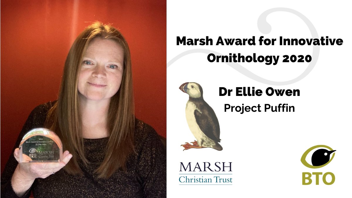 _BTO's tweet image. This year's winner of the BTO Marsh Christian Trust Award for Innovative #Ornithology is Dr Ellie Owen for Project Puffin, a wonderful example of the contribution that citizen science can make to seabird conservation. Well done on your award @Ellingbry. @MarshAwards