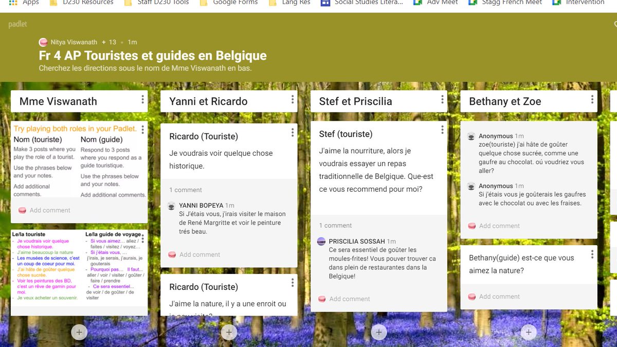 StaggFrench's tweet photo. Loving using @Padlet for interpersonal communication! French 4 is playing both tourist & tour guide as they share prefs and recs for travel en Belgique. If I use the Shelf and put in directions & tips in the 1st column, it goes a lot smoother! #practicemakesproficient #jobskills https://t.co/s0N8mGZehI