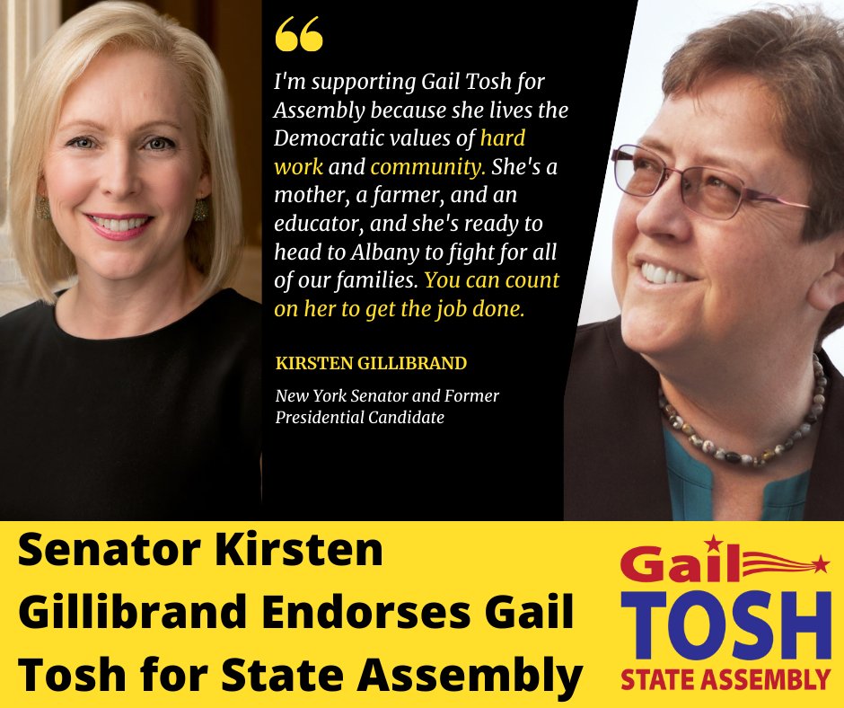 gailtosh's tweet photo. I'm honored to have your endorsement, @SenGillibrand! Thank you for supporting the campaign, and for standing up for small businesses, LGBTQ+ and women's rights, and the livelihoods of all New Yorkers. https://t.co/iyWbAZKrMv
