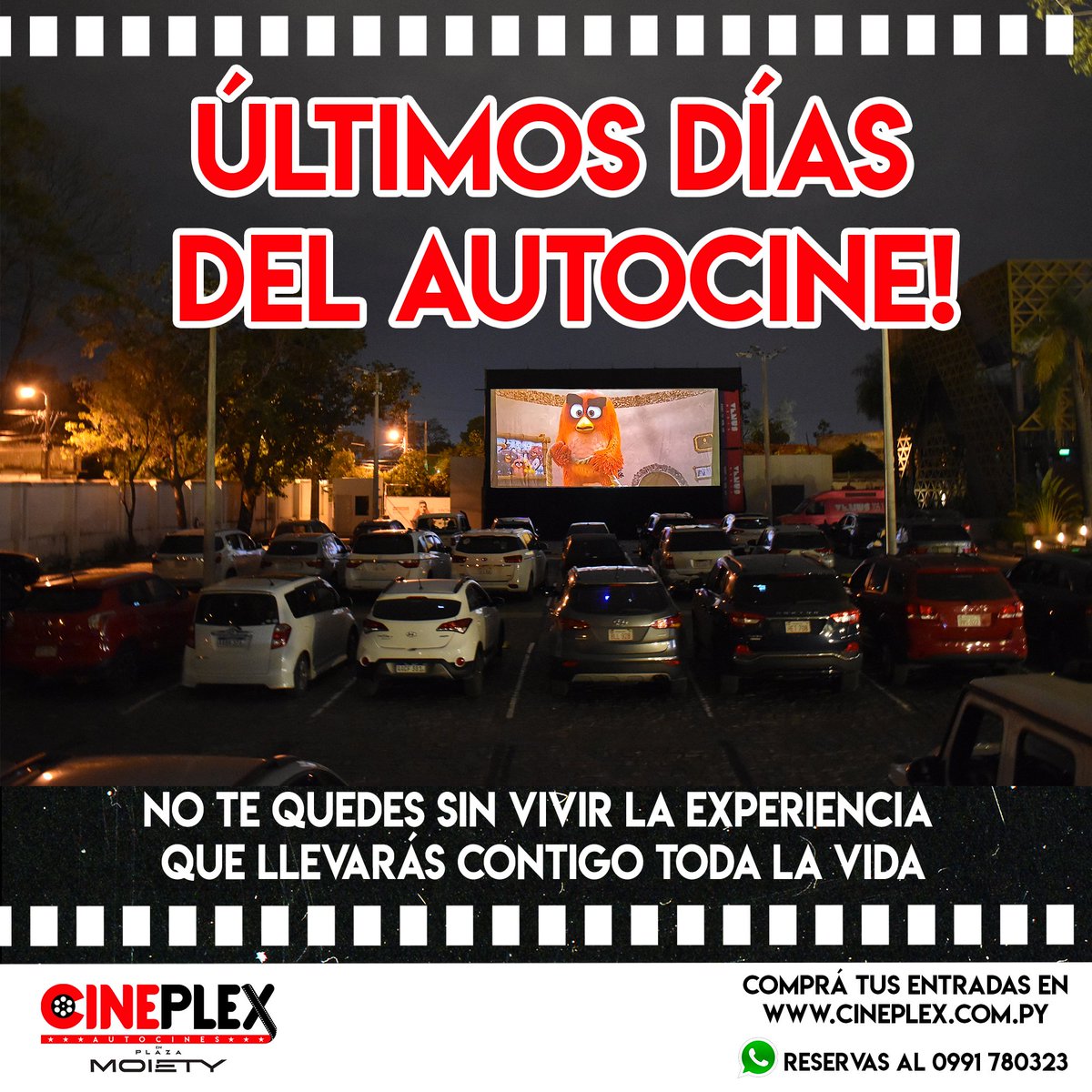 CineplexAuto's tweet photo. Estas es una experiencia para toda la vida.
Últimos días de #CineplexAutocines!
Compra de entradas en https://t.co/eUqn3aMDP5 🚘🎬
Reserva vía WhatsApp al 0991 780323.
50% de descuento en entradas con tarjetas Itaú en boletería! ⚠ https://t.co/LbMIfsi8Lh