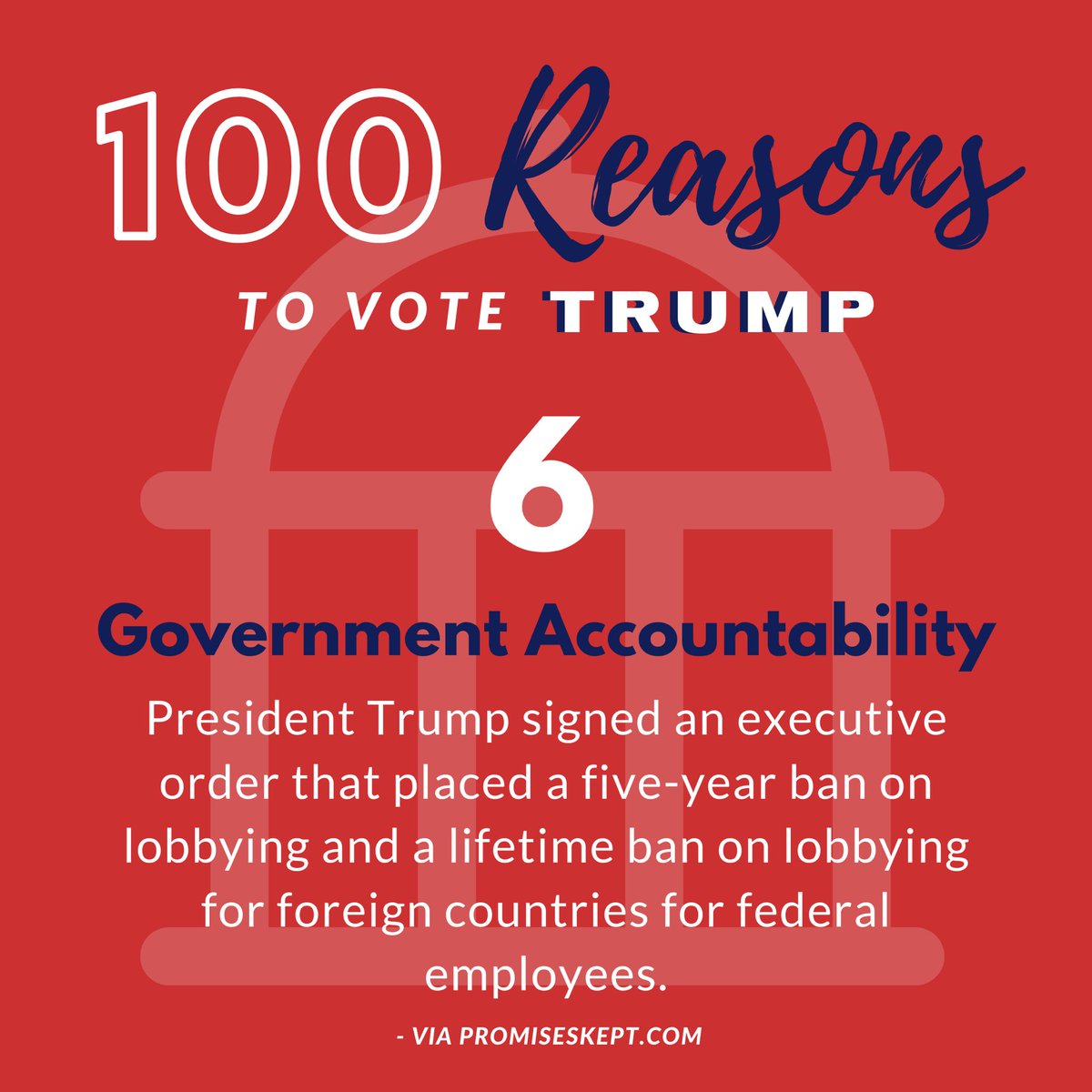 TrumpVNCFL's tweet photo. Reason #6: Placed a Lifetime Ban on Lobbying for Foreign Countries for Federal Employees

This executive order shows that @realDonaldTrump will always put #AmericaFirst! Be sure to like, comment &amp; retweet to get the message out: America needs #FourMoreYears of President Trump! 🇺🇸 https://t.co/53ykbuuEEK