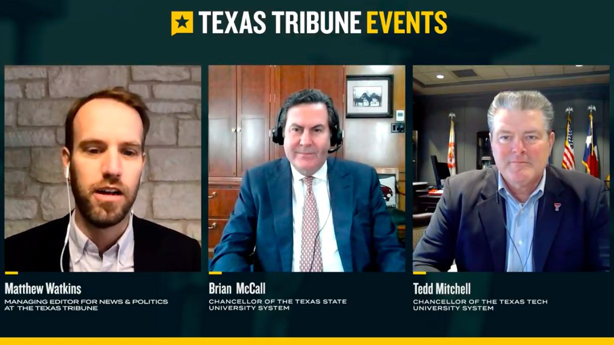 Earlier this week, #TTUSystem Chancellor <a href="/TeddLMitchell/">Tedd L. Mitchell, M.D.</a> joined <a href="/TXStateUnivSyst/">Texas State University System</a> Chancellor Brian McCall in a conversation with <a href="/TexasTribune/">Texas Tribune</a>’s <a href="/MWatkinsTrib/">Matthew Watkins</a> discussing how university systems are addressing COVID-related challenges. #ttevents (8:00 mark) youtube.com/watch?v=0PVGzW…